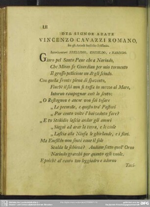 Del Signor Abate Vincenzo Cavazzi Romano, fra gli Arcadi Stellidio Frissanio