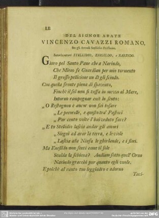 Del Signor Abate Vincenzo Cavazzi Romano, fra gli Arcadi Stellidio Frissanio