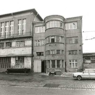 Dresden-Tolkewitz, Kipsdorfer Straße 153 / Schlömilchstraße. Straßenbahn-Hauptwerkstatt mit Verwaltungsgebäude (1924/1927). Verwaltungsbau Schlömilchstraße