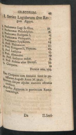 I. Series Lagidarum sive Regum Aegypti.