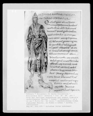 Vita der heiligen Euphrosina und andere Traktate verschiedener Zeiten — Randzeichnung eines stehenden Mönchs, zu Füßen 2 Löwen, Folio 66 verso