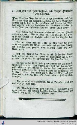 V. Von den vier Jahreszeiten und übrigen Himmels-Begebenheiten.