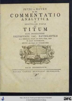 Petri v. Haven. M. Ph. Commentatio Analytica In Epistolam Pauli Ad Titum