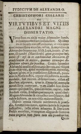 Christophori Cellarii De Virtutibus et Vitiis Alexandri Magni Dissertatio.