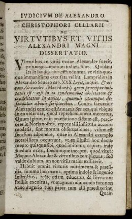 Christophori Cellarii De Virtutibus et Vitiis Alexandri Magni Dissertatio.