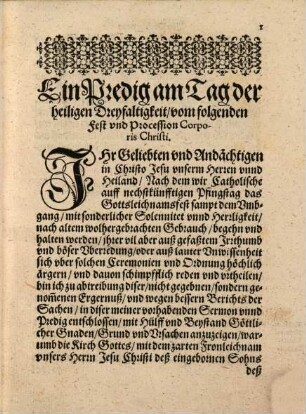 Ein Predig vom Fronleichnamsfest vnd Vmbgang