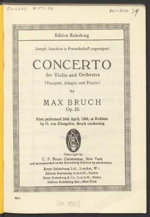 Concerto No. 1 for violin and orchestra : (Vorspiel, Adagio und Finale) : op. 26