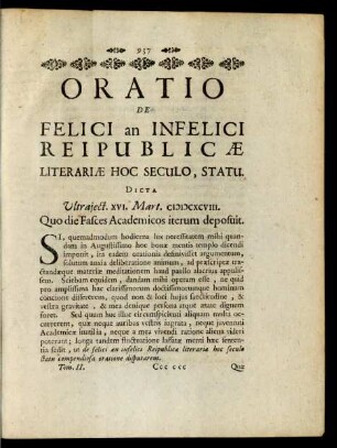 Oratio De Felici an Infelici Reipublicae ...