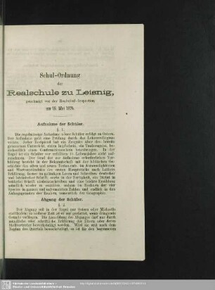 Schul-Ordnung der Realschule zu Leisnig : genehmigt von der Realschul-Inspection am 15. Mai 1874