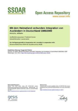 Mit dem Heimatland verbunden: Integration von Ausländern in Deutschland 1985/2000