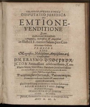 Disputatio Iuridica De Emtione-Venditione