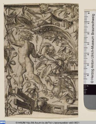 Fragment eines Ornamentstichs mit Fackel tragendem Putto