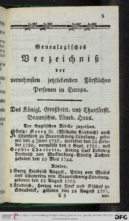 Genealogisches Verzeichniß der vornehmsten jetztlebenden Fürstlichen Personen in Europa