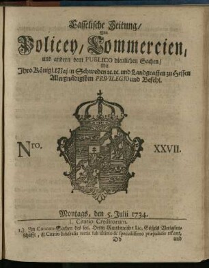 Nro. XXVII, Montags, den 5. Julii 1734