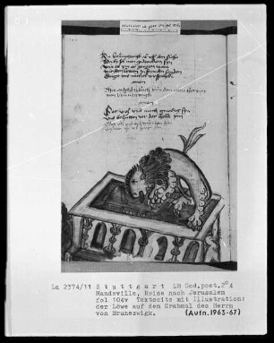 Jean de Mandeville, Reise nach Jerusalem — Der Löwe auf dem Grabmal des Herrn von Brunezwigk, Folio 104verso