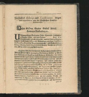 Fürstliches Rescript und Constitution wegen der Appellation aus der Fürstlichen Cantzley de Anno 1656.