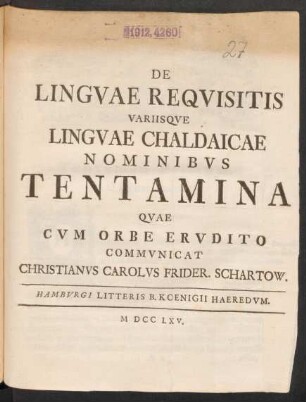De Linguae Requisitis Variisque Linguae Chaldaicae Nominibus Tentamina