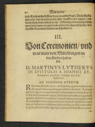 III. Von Ceremonien/ und was man von Mitteldingen in den Kirchen halten soll.