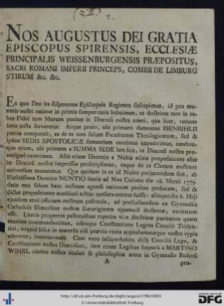 Nos Augustus Dei Gratia Episcopus Spirensis ...