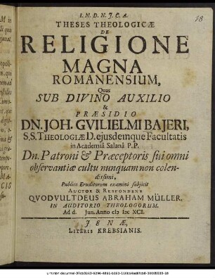 Theses Theologicae De Religione Magna Romanensium
