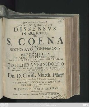 Qvalis Et Qvantvs Sit Dissensvs In Articvlo De S. Coena Inter Socios Avg. Confessionis Et Reformatos