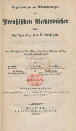 Supplementband zum Bergwerks-Recht und der Steuer-Gesetzgebung nebst Sach- und chronologischem Register