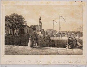 Blick von der Brühlschen Terrasse in Dresden nach Westen, mit Brühlscher Galerie, Katholischer Hofkirche, den ersten Bau der Semperoper und umliegenden Gebäuden
