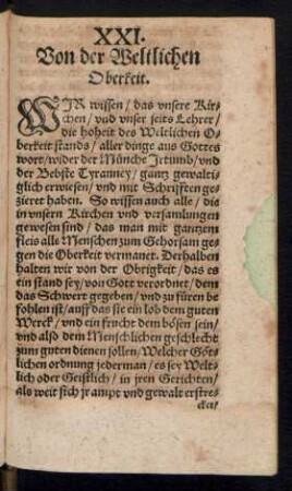 XXI. Von der Weltlichen Oberkeit.