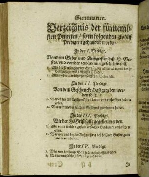 Summarien. Verzeichnis der fürnembsten Puncten/ so in folgenden zwölff Predigten gehandelt worden.
