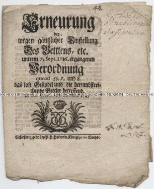 Verordnung des Königs Christian VI. von Dänemark zur Bestrafung von Bettelei im Herzogtum Schleswig