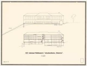 Jugenderholungsheim Schinkelwettbewerb 1943: Westflügel. Ansicht von O, Schnitt 1:200