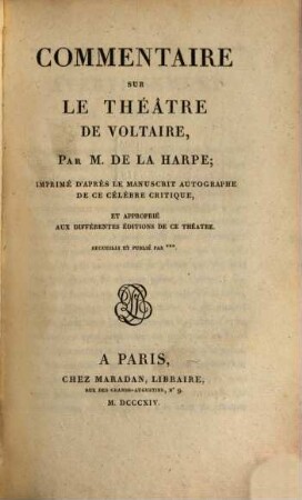 Commentaire sur le Théatre de Voltaire