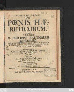 Dissertatio Juridica De Pœnis Hæreticorum
