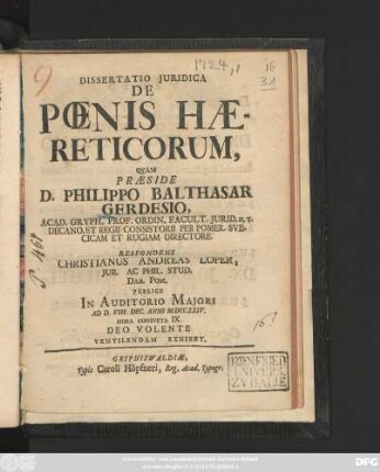 Dissertatio Juridica De Pœnis Hæreticorum