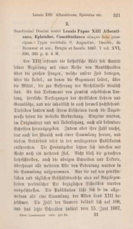 321-322 [Rezension] Sanctissimi Domini Nostri Leonis Papae XIII allocutiones, epistolae, constitutiones