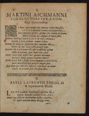 I. Martini Aichmanni V.I.D. Electori Sax. A. Consiliis secretioribus. [Beiträger]