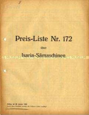 Preis-Liste Nr. 172 über Isaria-Sämaschinen