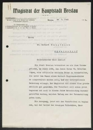 Brief von Gustav Leißner von Magistrat der Stadt  an Gerhart Hauptmann