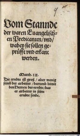 Vom Stannde der waren evangelischen Predicanten, und wabey sie sollen geprüfft und erkant werden