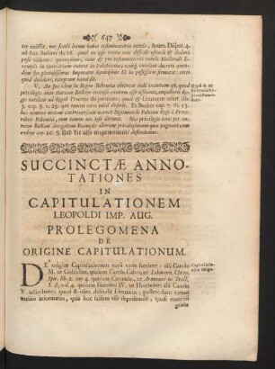 Succinctae Annotationes In Capitulationem Leopoldi Imp. Aug. Prolegomena De Origine Capitulationum.