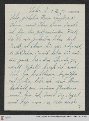 Korrespondenz Louise Ebert/Gustav Radbruch: Brief von Louise Ebert an Gustav Radbruch