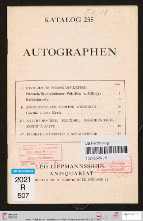 Nr. 235: Katalog: Autographen