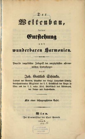 Der Weltenbau, seine Entstehung und wunderbaren Harmonien