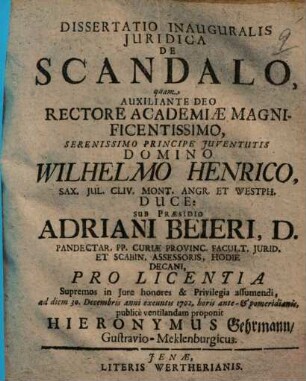 Dissertatio Inauguralis Juridica De Scandalo