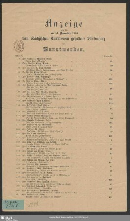 1900: Anzeige über die am ... vom Sächsischen Kunstverein gehaltene Verlosung von Kunstwerken