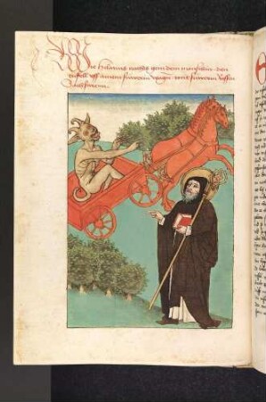 Der heilige Hilarion sieht den Teufel auf einem feurigen Wagen mit feurigen Rössern.
