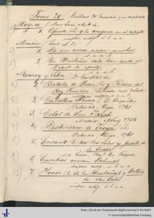 Handschriftliches Inhaltverzeichnis des Bandes