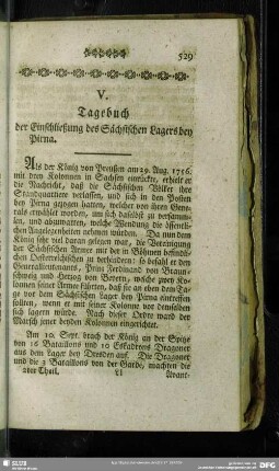 V. Tagebuch der Einschließung des Sächsischen Lagers bey Pirna