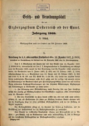 Gesetz- und Verordnungsblatt für das Erzherzogthum Oesterreich ob der Enns. 1868