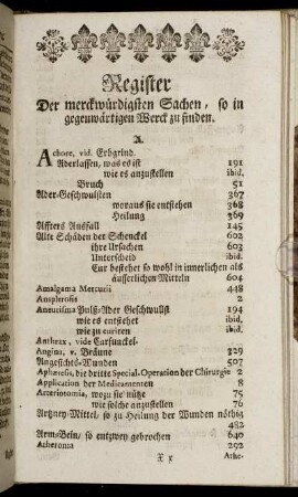 Register Der merckwürdigsten Sachen, so in gegenwärtigen Werck zu finden.